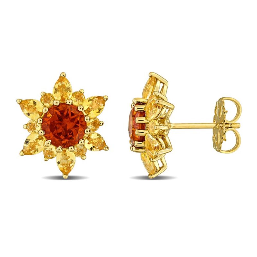 4.76 Carat (ctw) Yellow and Madeira Citrine Floral Stud Earrings Sterling Silver